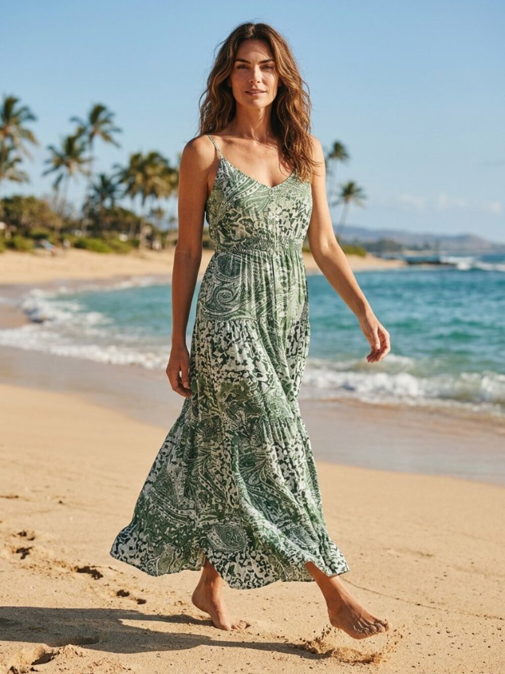 True Destinations Green Patterned Women's Maxi Sun Dress, Medium
